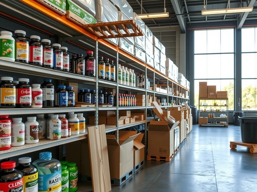 Organized supplement shelf in a modern facility